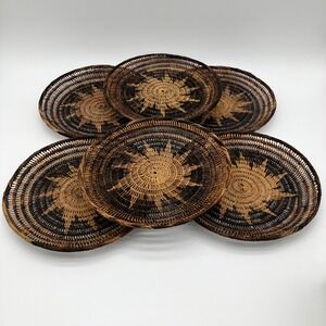 Vintage Woven Rattan Plate Chargers 12 Inch Brown Sunburst Wall Decor Set of 6